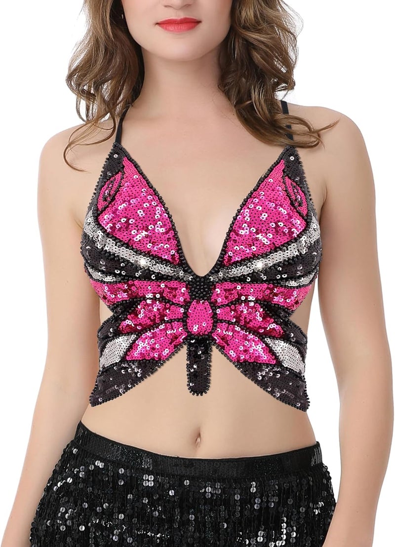 Mocure Womens Glitter Sequin Butterfly Crop Top Low-Cut Tank Top Rave Tube Vest Top for Belly Dance Costume Outfits - Image 2